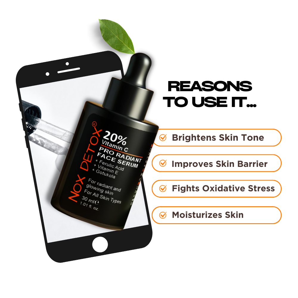 NOX DETOX Pro Radiant Vitamin C Face Serum – 20% Vitamin C, Ferulic Acid & Vitamin E for Bright, Glowing Skin | Green Tea & Gotu Kola Extract | All Skin Types