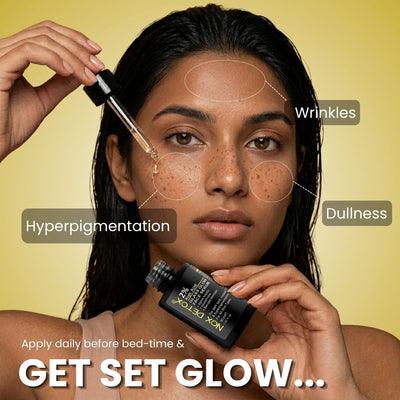 Woman applying kojic acid serum with hyperpigmentation, wrinkle and dullness skin concerns in her face