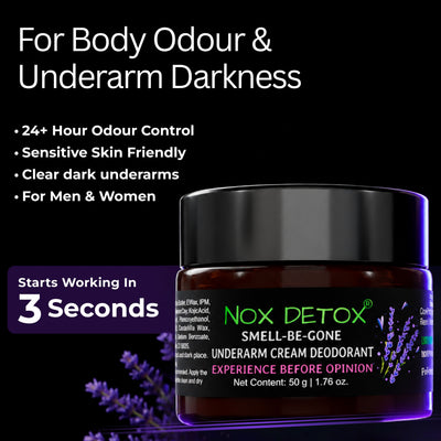 Nox Detox underarm cream deodorant jar with purple lighting and lavender flowers on a black background. with 24 hour odour control, clear dark underarms for men and women message.
