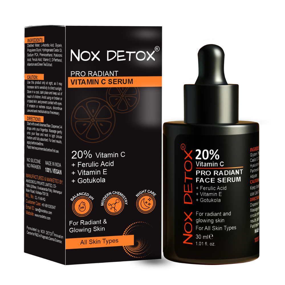 NOX DETOX Pro Radiant Vitamin C Face Serum – 20% Vitamin C, Ferulic Acid & Vitamin E for Bright, Glowing Skin | Green Tea & Gotu Kola Extract | All Skin Types