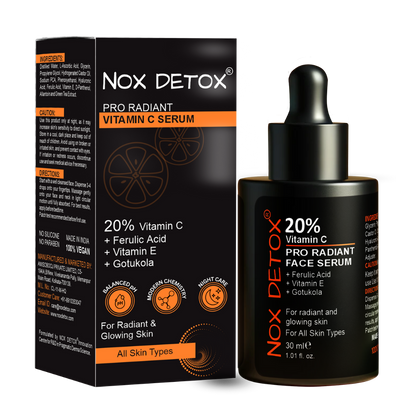 NOX DETOX Pro Radiant Vitamin C Face Serum – 20% Vitamin C, Ferulic Acid & Vitamin E for Bright, Glowing Skin | Green Tea & Gotu Kola Extract | All Skin Types